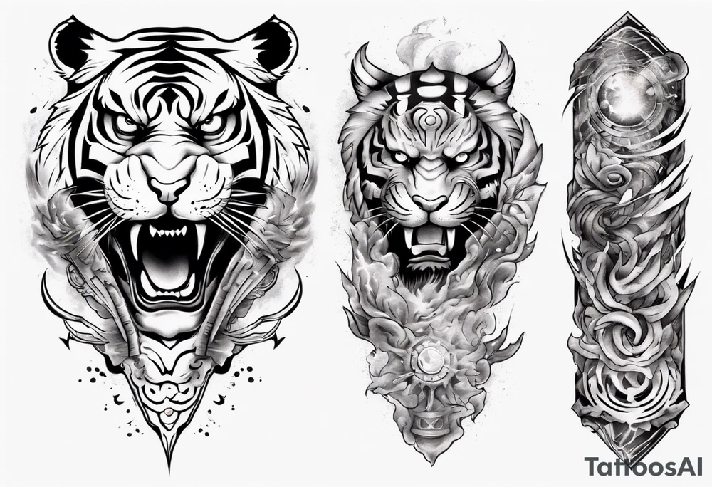 Tiger Warrior sleeve tattoo with lightning and the sun
Forearm sleeve tattoo idea