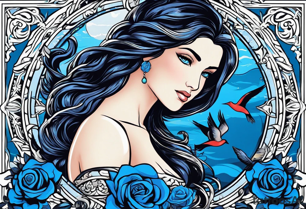 Aphrodite is the goddess of love, with a seaside background, surrounded by birds.. blue roses frames, background blue,present it in a, black hair, love motives, herat,motifs expressing love and the feeling of love tattoo idea