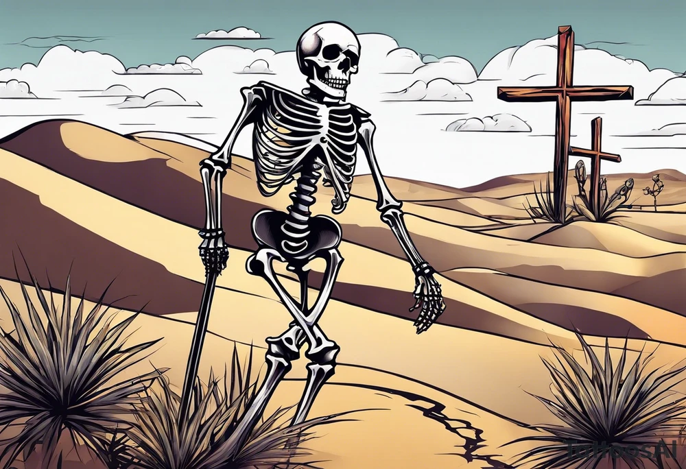 skeleton walking with a cross in a desert tattoo idea