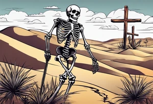 skeleton walking with a cross in a desert tattoo idea