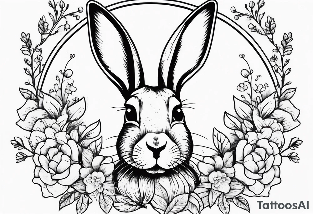 Rabbit head with flowers around it tattoo idea
