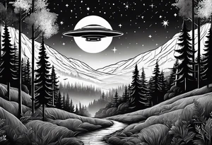 forest with trail and above is night sky with stars and 1 small ufo. vertical tattoo idea