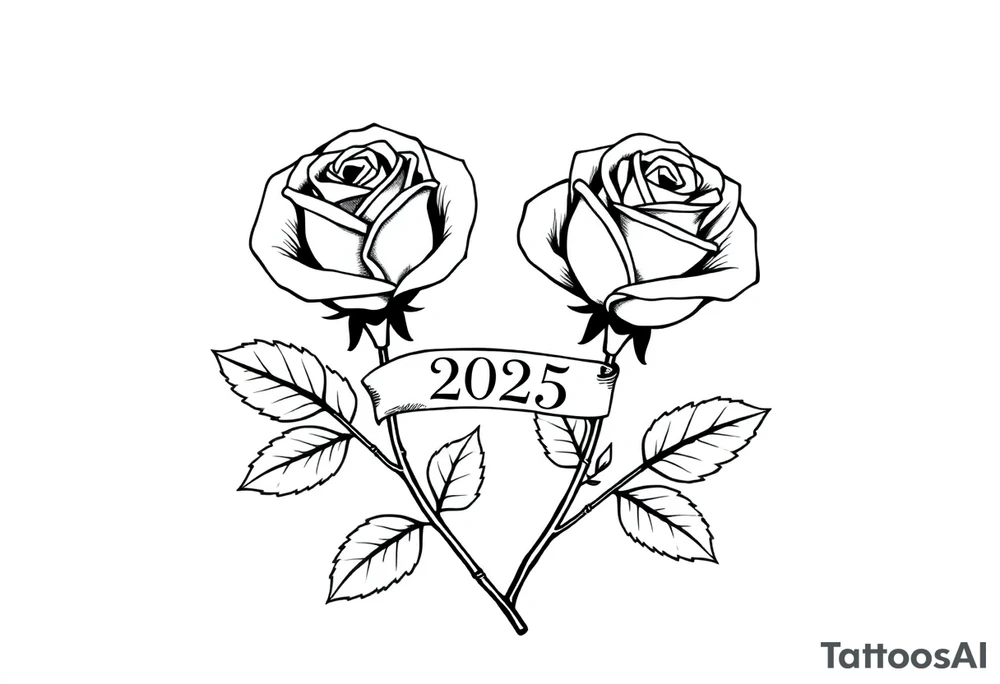 two beautiful large rose buds, one larger than the other, with many leaves next to the rose buds, with one sitting higher than the other. Include a banner connecting the two roses with the year 2025 on it.   Use dark outlines with little shading. The two stems should be short, not long, and connect and join into one stem, whimsically curved or twisted - not straight down. tattoo idea