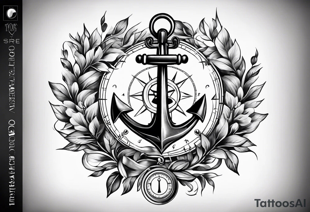 A selucid style anchor in front of a compass and a narrow laurel wreathe wrapped around the compass tattoo idea