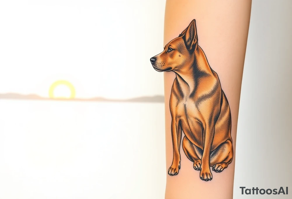 a mertle austrailian cattle dog with a tan pitbull standing look out into thee sunset tattoo idea