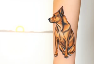 a mertle austrailian cattle dog with a tan pitbull standing look out into thee sunset tattoo idea