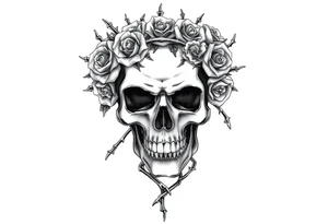 ornate skull adorned with crown of wild roses and thorns tattoo idea
