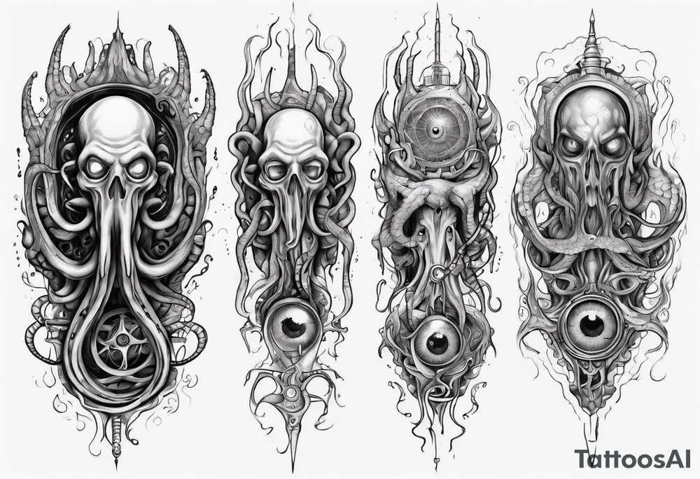 lovecraft long tattoo to put on the forearm, with eye and tentacle tattoo idea