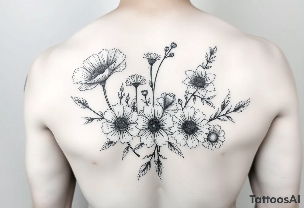 poppy, gladiolus, holly, narcissistic, daisy, and sweet pea arm tattoo tattoo idea