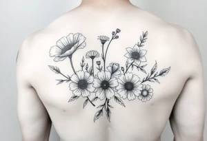 poppy, gladiolus, holly, narcissistic, daisy, and sweet pea arm tattoo tattoo idea