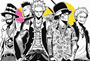 draw me a not so big tattoo with the distinctive signs of these one piece characters: Doflamingo, Luffy and Trafalgar Law tattoo idea