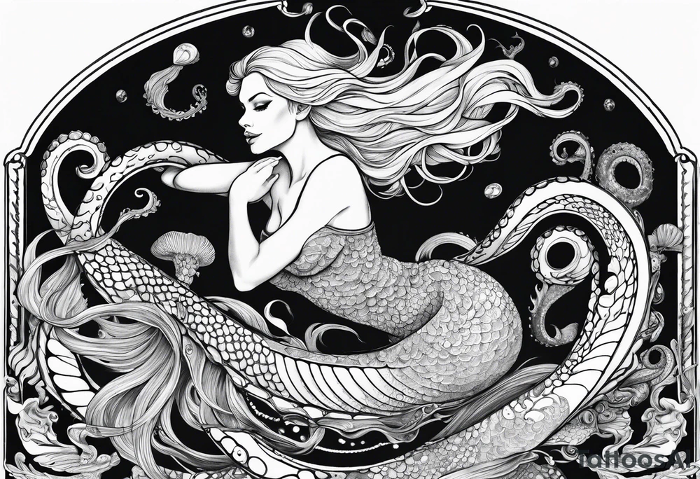 Blond mermaid swinging on a giant octopus tattoo idea