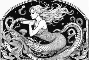 Blond mermaid swinging on a giant octopus tattoo idea