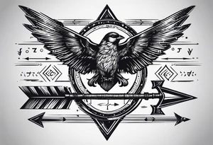 three basic parallel arrows. the first arrow broken near the flight. the second middle arrow in tact. the third arrow broken near the head. including the morse code for JAK in the design. tattoo idea