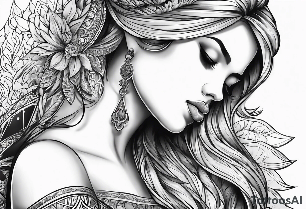 Dark black and white. Religious or cultural.
On the top of one shoulder. tattoo idea