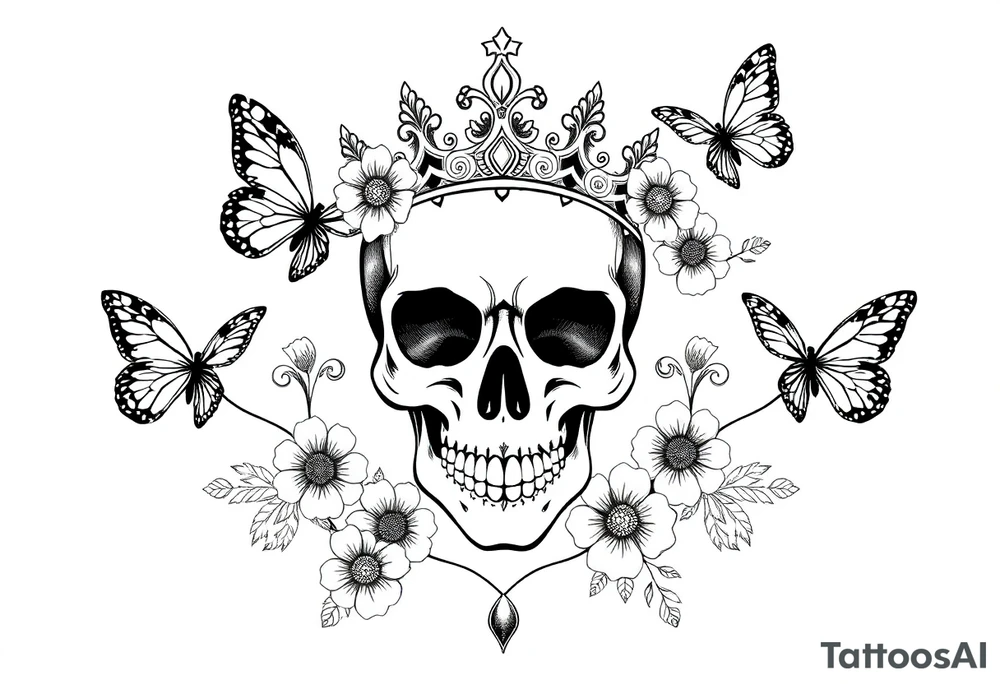 ornate skull adorned with gorgeous crown surrounded by boho flowers and butterflies tattoo idea