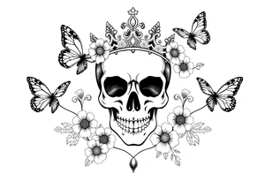 ornate skull adorned with gorgeous crown surrounded by boho flowers and butterflies tattoo idea