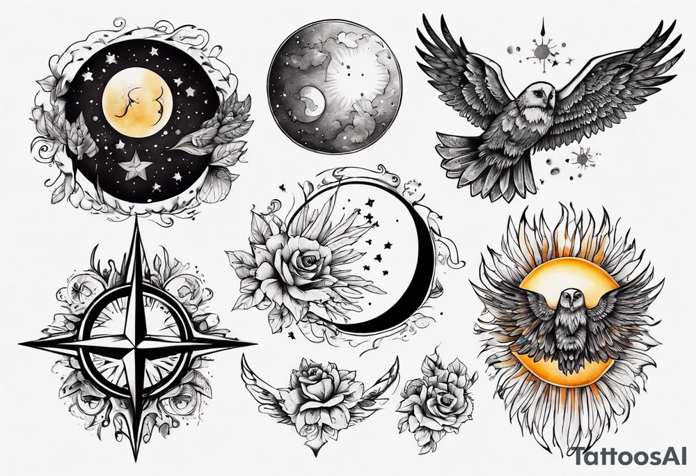 Mond und Sonne mit Eule und Wassermann und Berlin tattoo idea