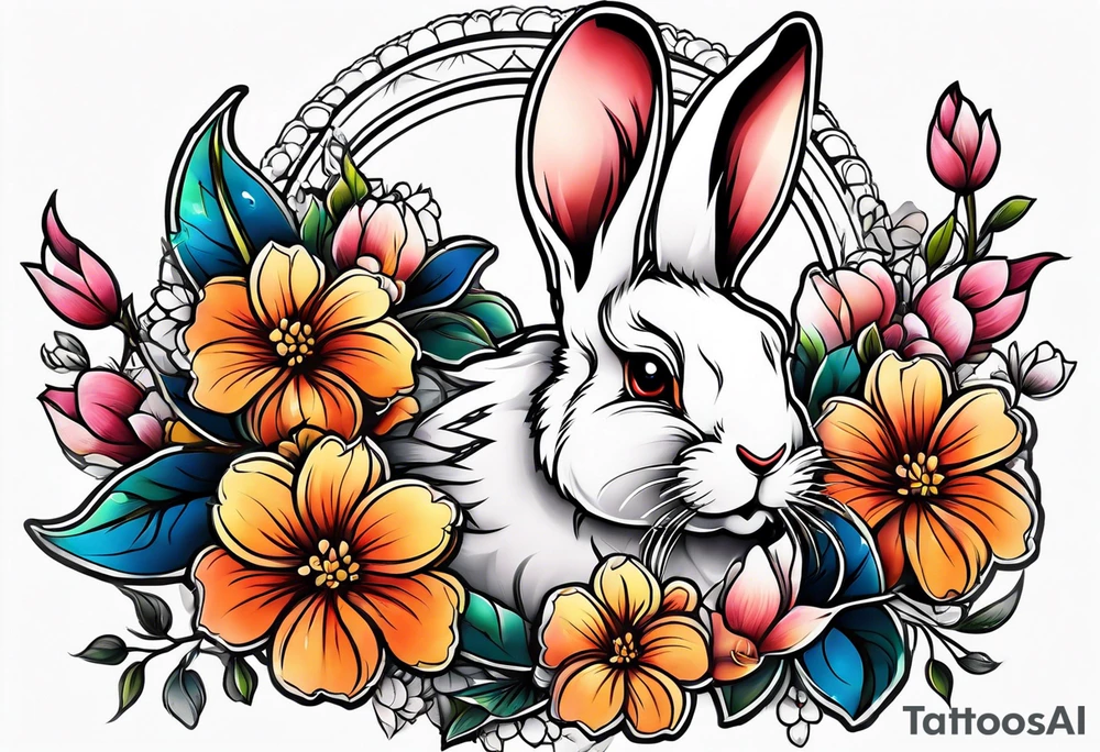 Rabbit head and flowers tattoo idea