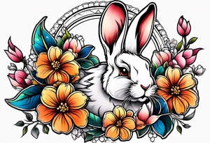 Rabbit head and flowers tattoo idea