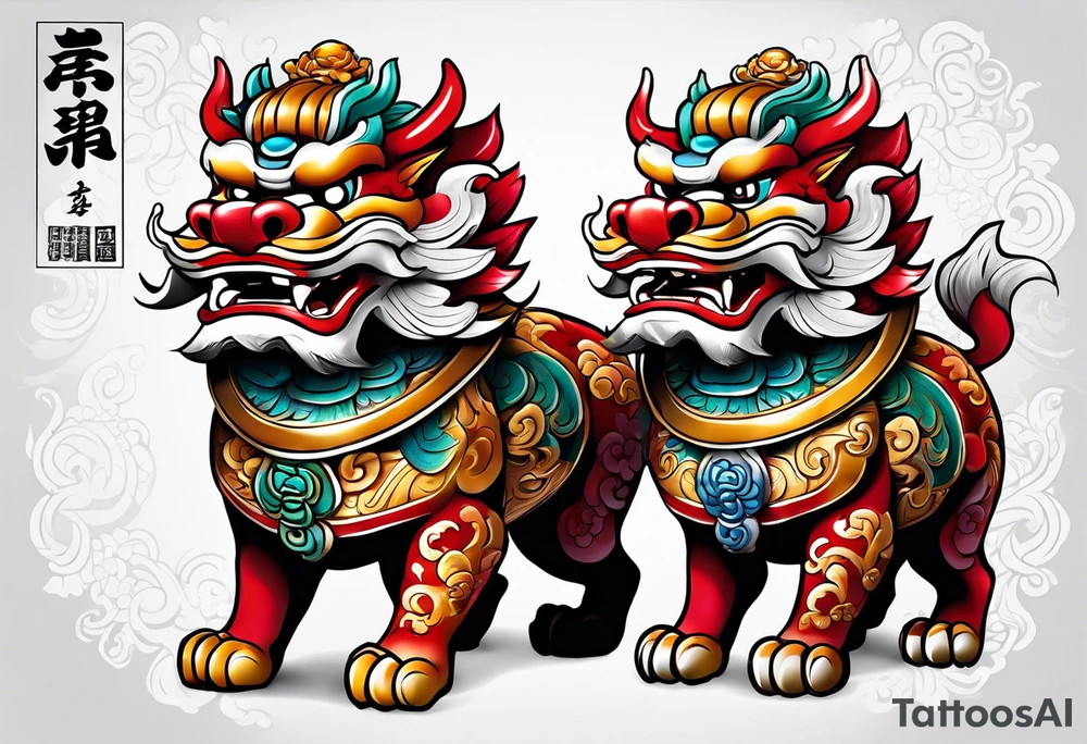 Pair of traditional Okinawa shisa, one has their mouth closed, the other with their mouth open tattoo idea