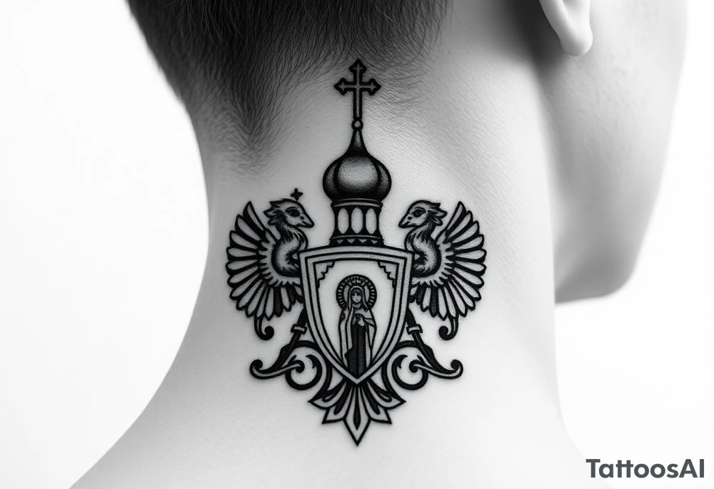 russian coat arms in a russian christian orthodox style virgin mary & orthodox dome church on the side of the neck tattoo idea
