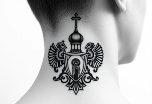 russian coat arms in a russian christian orthodox style virgin mary & orthodox dome church on the side of the neck tattoo idea