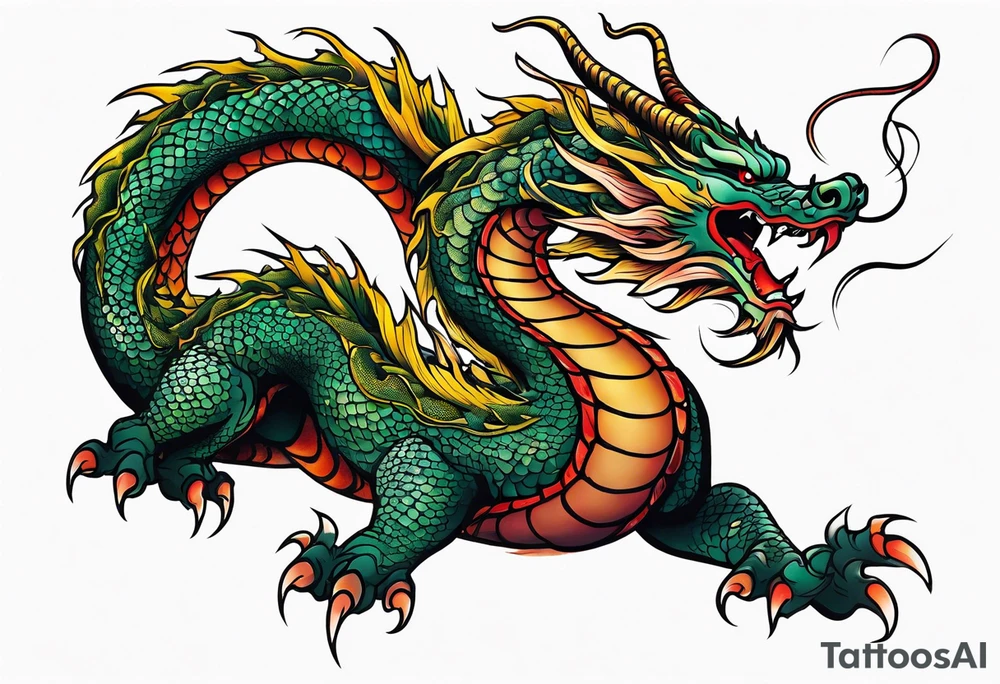 An epic floating asian dragon. Its long body coiling dynamically, with scales and horns detailed to create a sense of movement and strength. The dragon's color is giving a vibrant depth and a mystical aura. This tattoo highlights the dragon’s fierce expression and sharp claws. tattoo idea