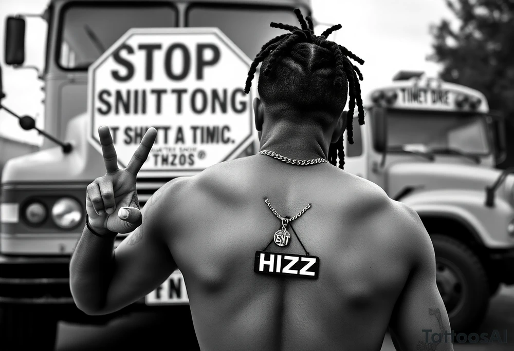 Mac Dre Standing doing the sign for time out in football n front of a short bus stopped at a stop sign that says STOP SNITCHING on it with a chain around his neck that has a pendent that says THIZZ and below that ENT tattoo idea