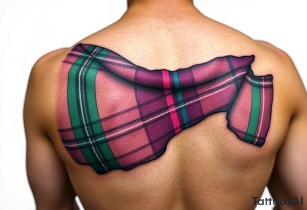 Dark Purple with green pink blue and white highlights tartan fabric with skin around edges peeling and wrapping around side of shoulder tattoo idea
