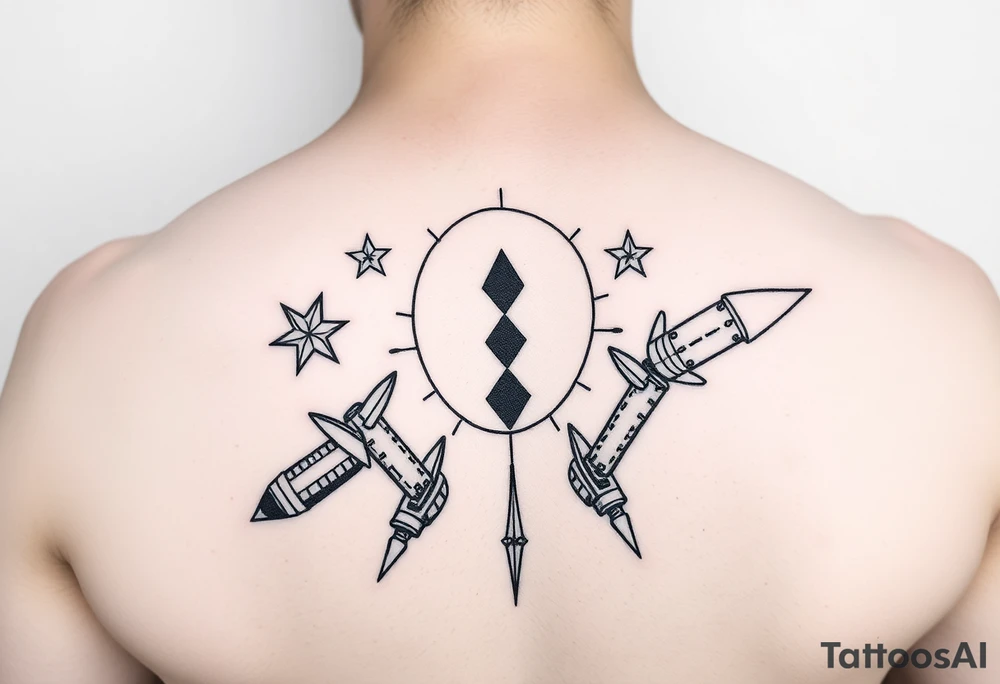 ninja stars and ballistic missiles, semicolon integrated into the design, fine line black tattoo idea
