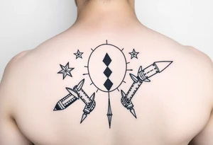 ninja stars and ballistic missiles, semicolon integrated into the design, fine line black tattoo idea