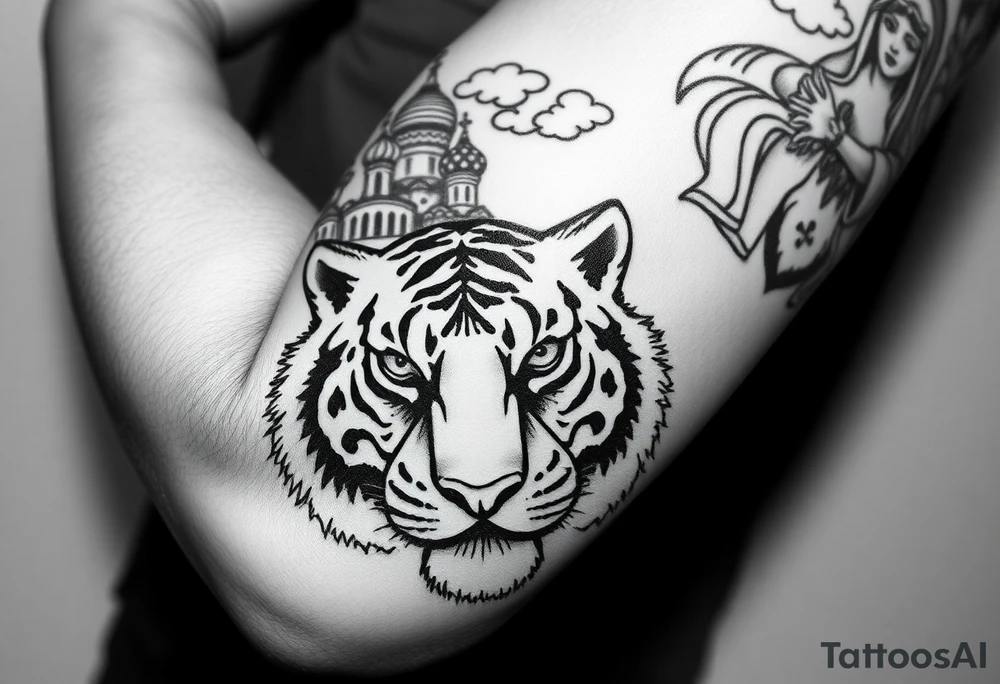 Realistic tiger face on the back of the hand with its eyes ALL black and no pupils, sitting beneath a Russian Orthodox cathedral sitting above on the top fore arm with onion domes and orthodox crosses. with clouds above and a virgin mary tattoo idea