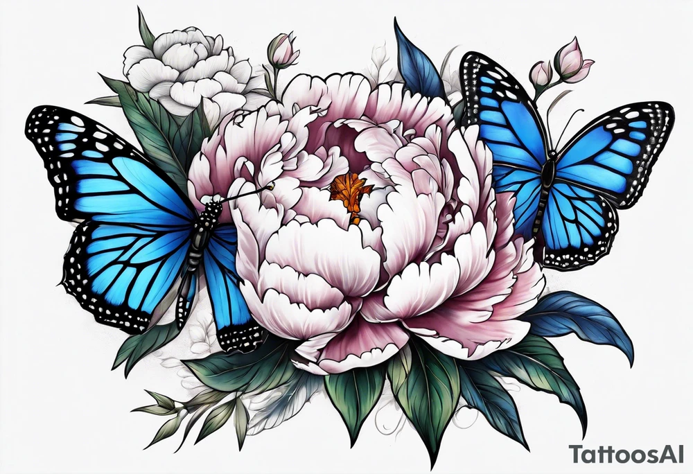 Peony with blue monarch butterflies tattoo idea