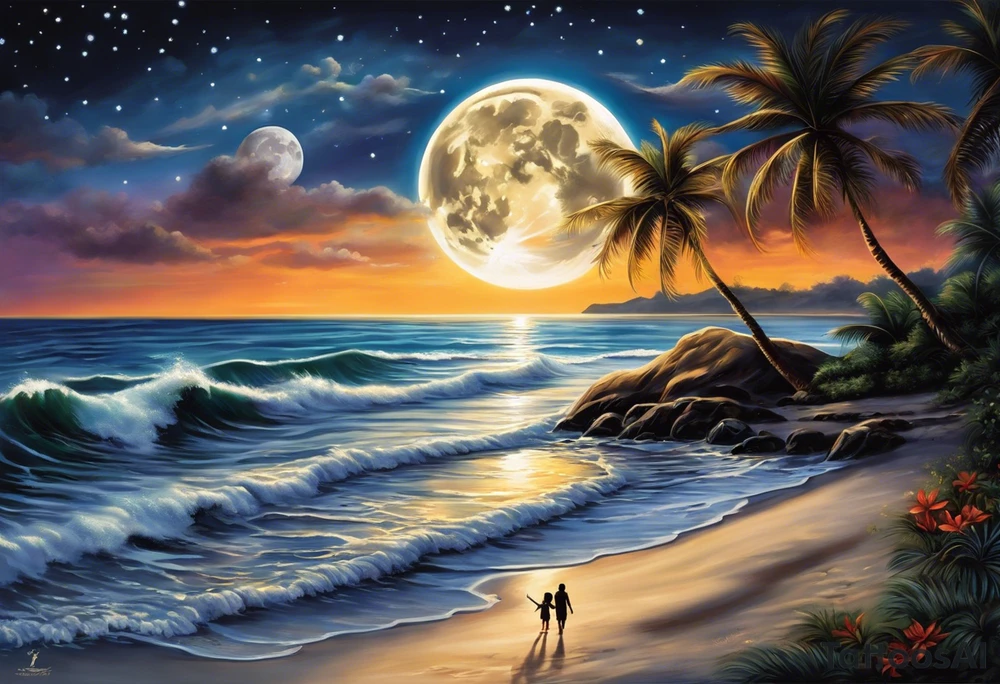 Create a stunning image of a realistic tattoo design that features a husband and wife holding hands, accompanied by their two children, walking along a beautiful beach. The moon shines radiantly in the night sky, illuminating the serene scene. Let your creativity flourish as you envision the intricate details that bring this tattoo to life, encapsulating the essence of love, family, and the awe-inspiring beauty of nature. tattoo idea