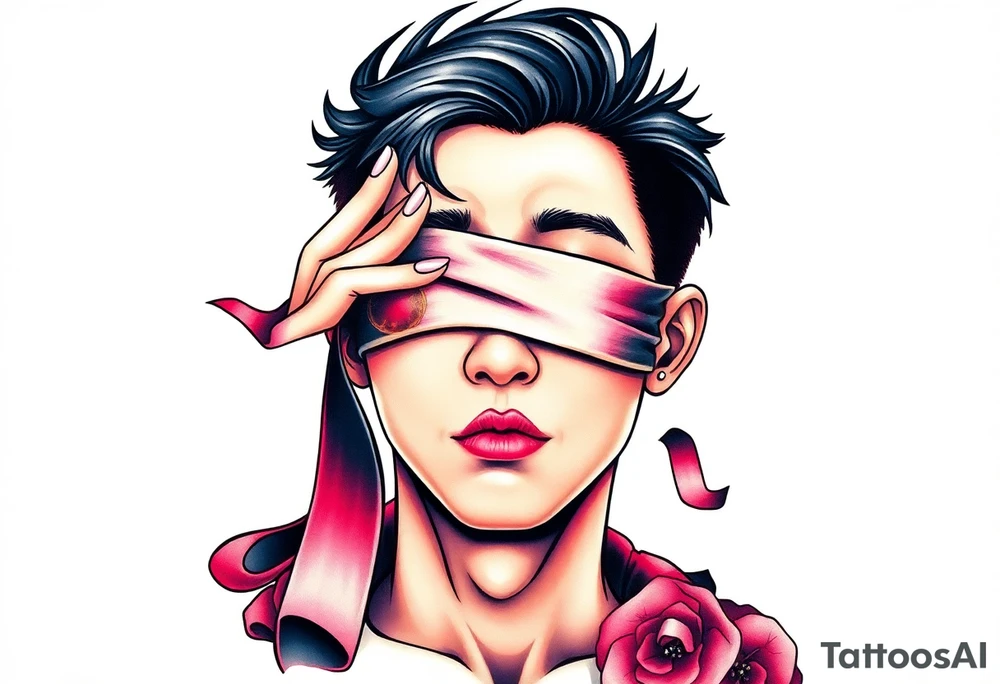 Handsome Asian young guy with 
 eyes covered with a ribbon touching it tattoo idea