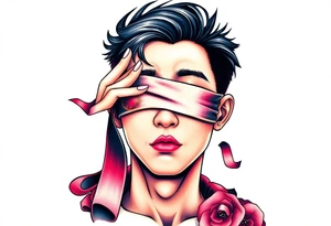 Handsome Asian young guy with 
 eyes covered with a ribbon touching it tattoo idea