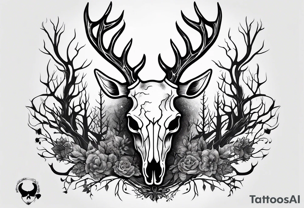 A scary decayed deer skull head human body with flames and trees tattoo idea