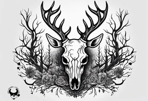 A scary decayed deer skull head human body with flames and trees tattoo idea