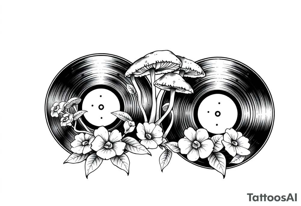 two vinyl records with mushrooms and flowers tattoo idea
