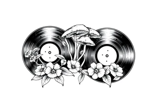 two vinyl records with mushrooms and flowers tattoo idea