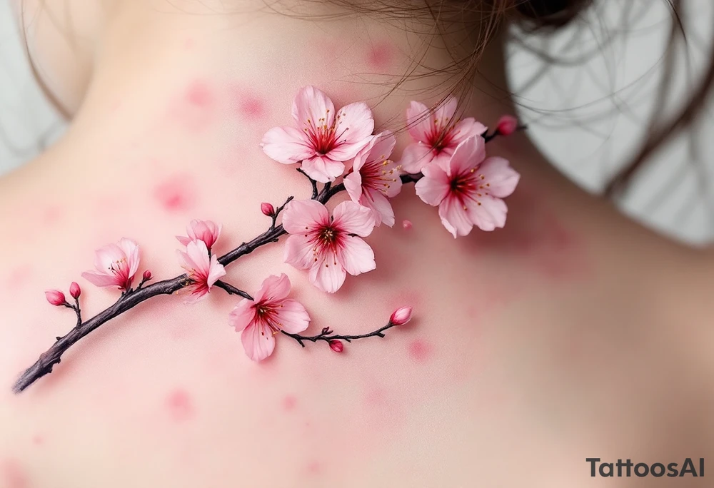 A pink cherry blossom branch gently falling across the skin, symbolizing the fleeting nature of life. tattoo idea
