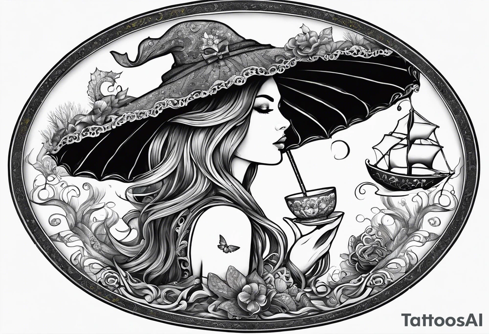 A beautiful sea witch with tentacles that incorporates a teacup, an umbrella, a yellow bird, and a gingerbread boy tattoo idea