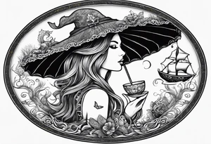 A beautiful sea witch with tentacles that incorporates a teacup, an umbrella, a yellow bird, and a gingerbread boy tattoo idea