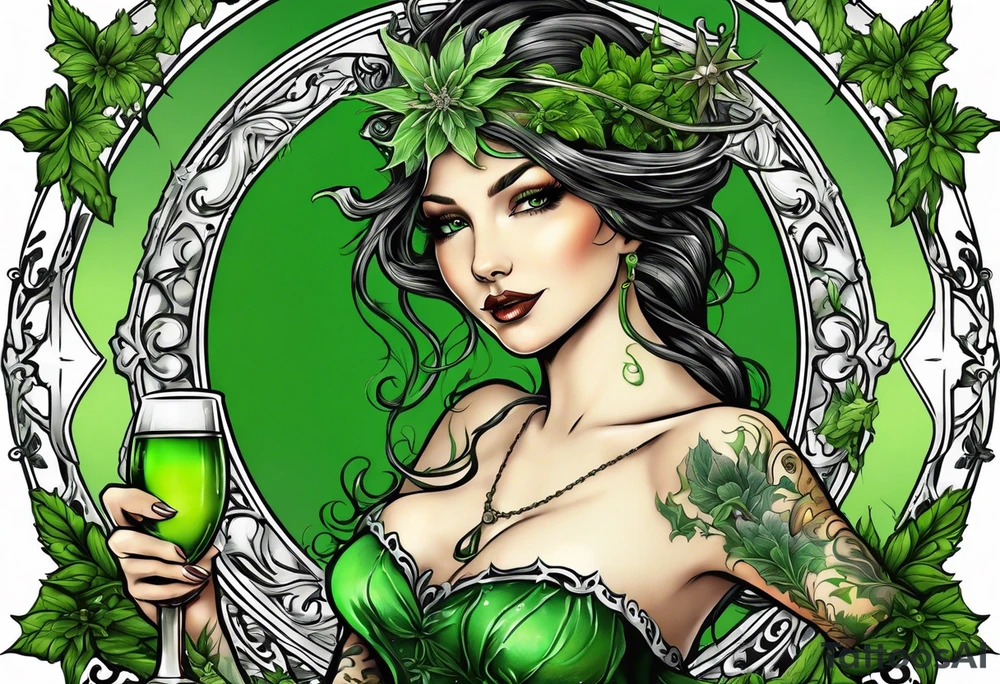 green fairy holding a glass of absinthe, wormwood and star anise trim tattoo idea