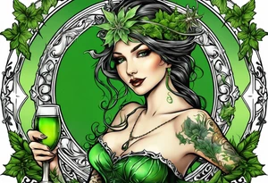 green fairy holding a glass of absinthe, wormwood and star anise trim tattoo idea