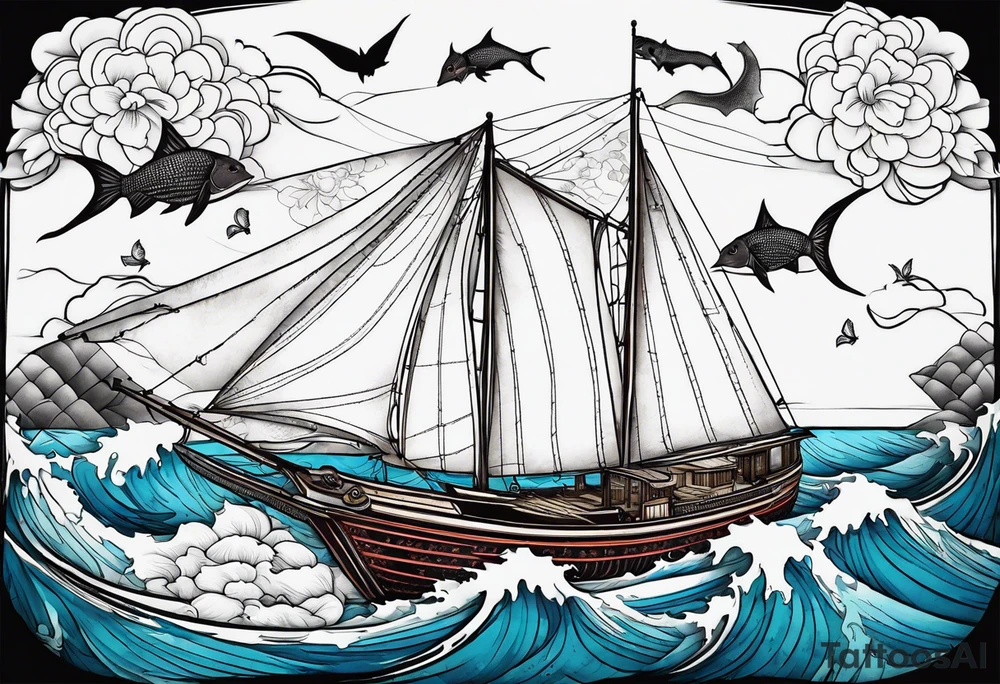 sloop rigged sailboat with pacific sheepshead and bat ray below the water line tattoo idea