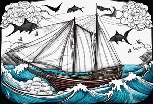 sloop rigged sailboat with pacific sheepshead and bat ray below the water line tattoo idea