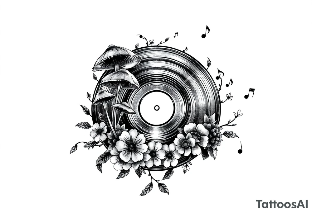 simple vinyl record player with mushrooms, flowers, and music notes around it tattoo idea