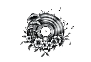 simple vinyl record player with mushrooms, flowers, and music notes around it tattoo idea